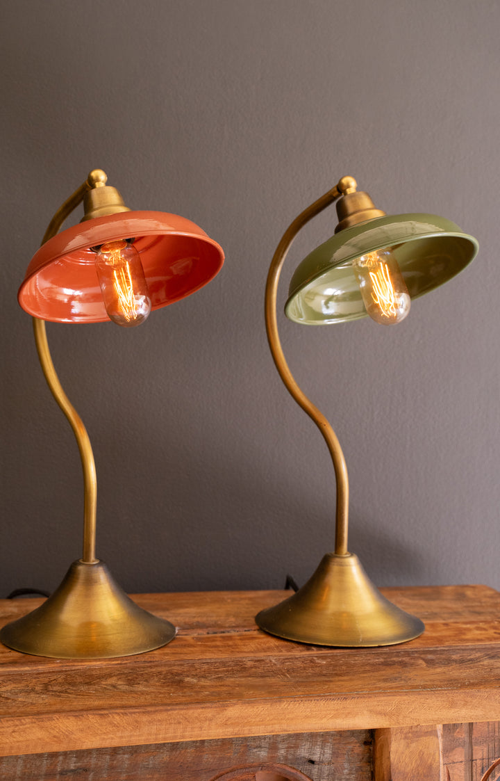 Antique Brass Table Lamp with Green Enamel Shade