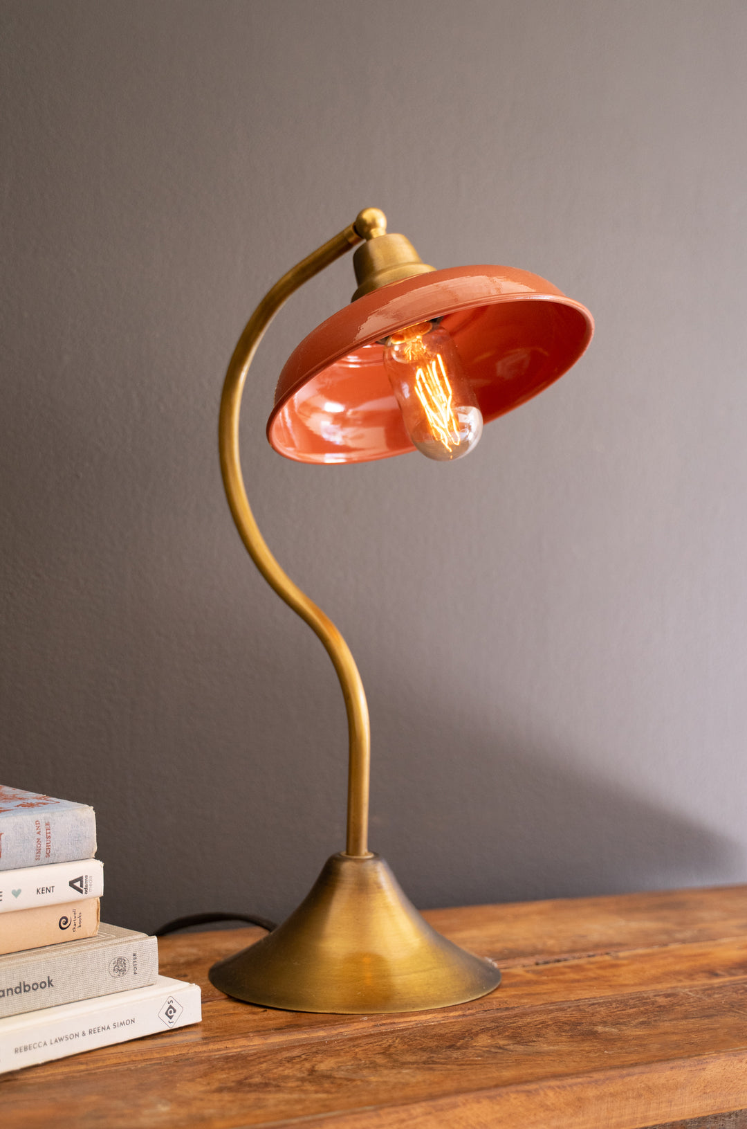 Antique Brass Table Lamp with Orange Enamel Shade
