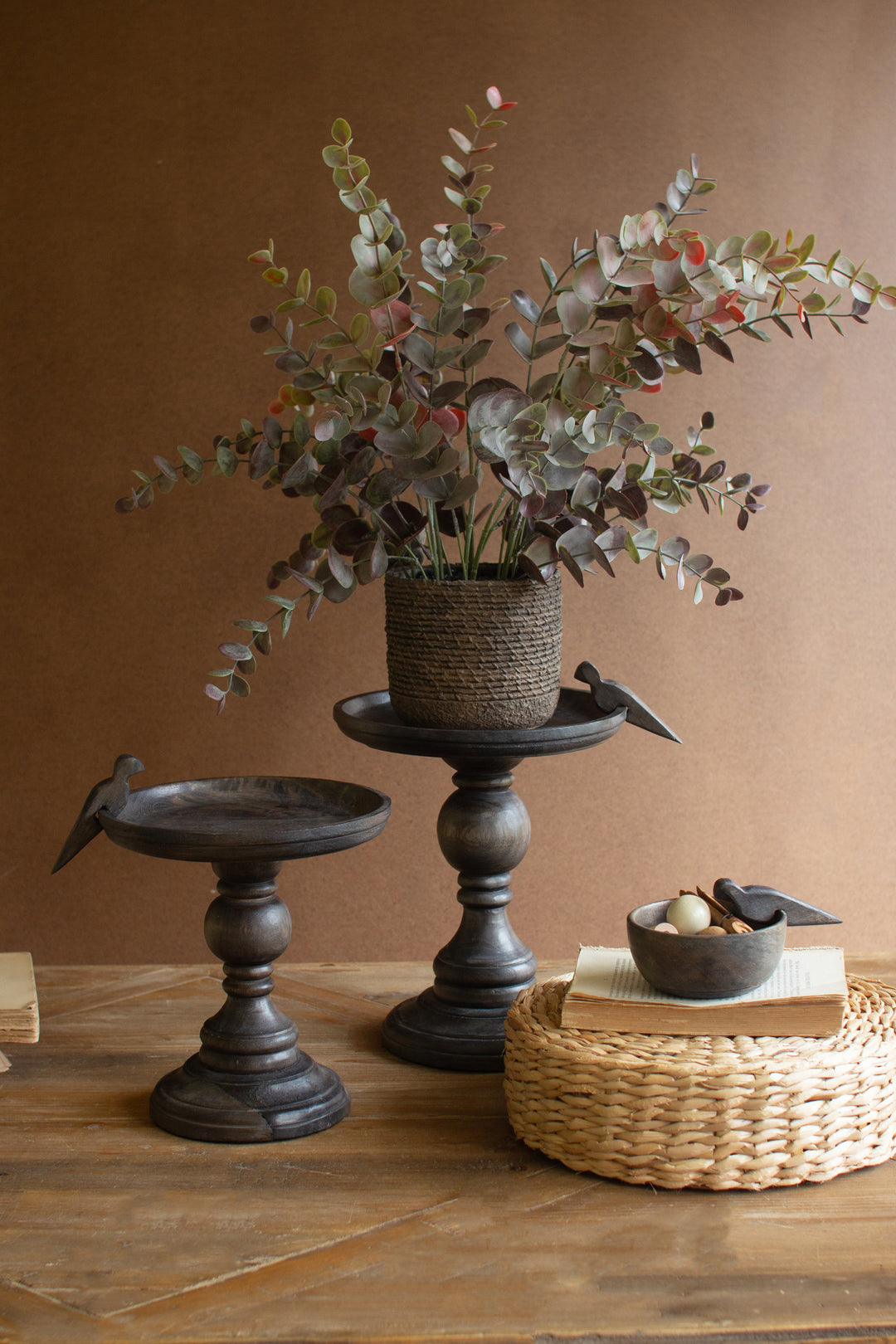 Set of 2 Wooden Display Stands with Bird Detail