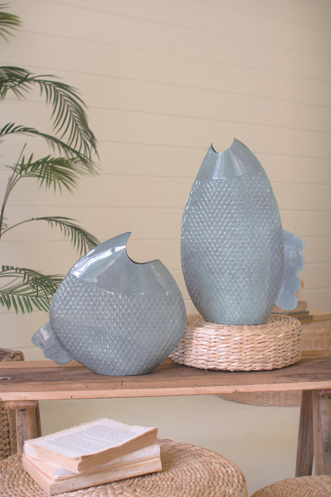 Set of 2 Painted Metal Fish Vases