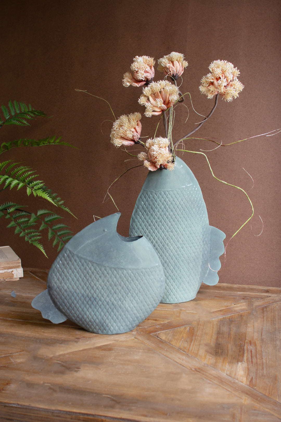 Set of 2 Painted Metal Fish Vases