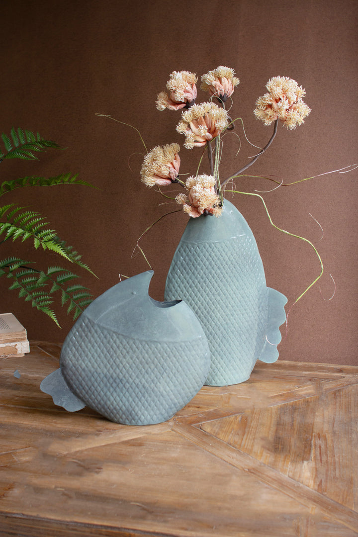 Set of 2 Painted Metal Fish Vases