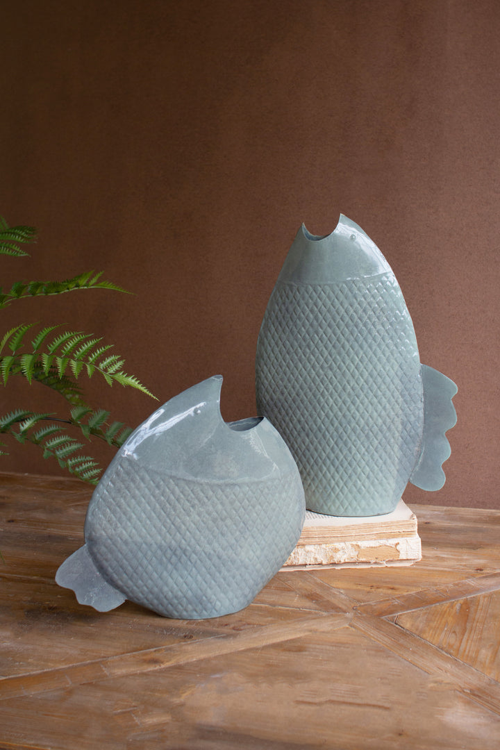 Set of 2 Painted Metal Fish Vases