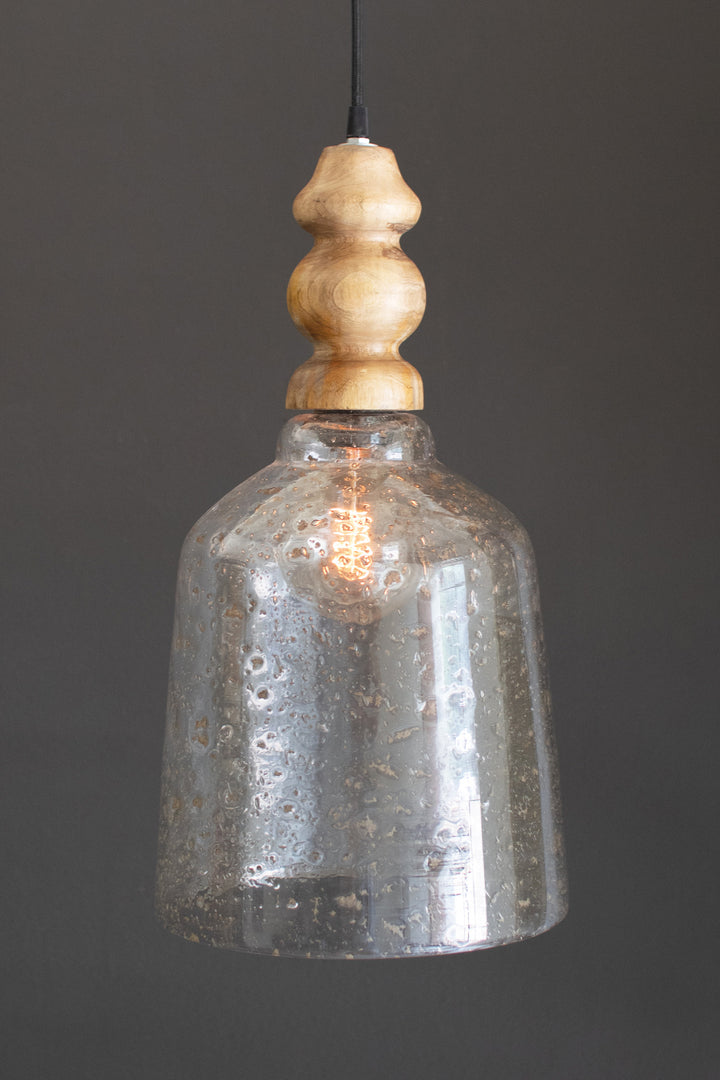 Clear Pebbled Glass Pendant Light with Wooden Finial