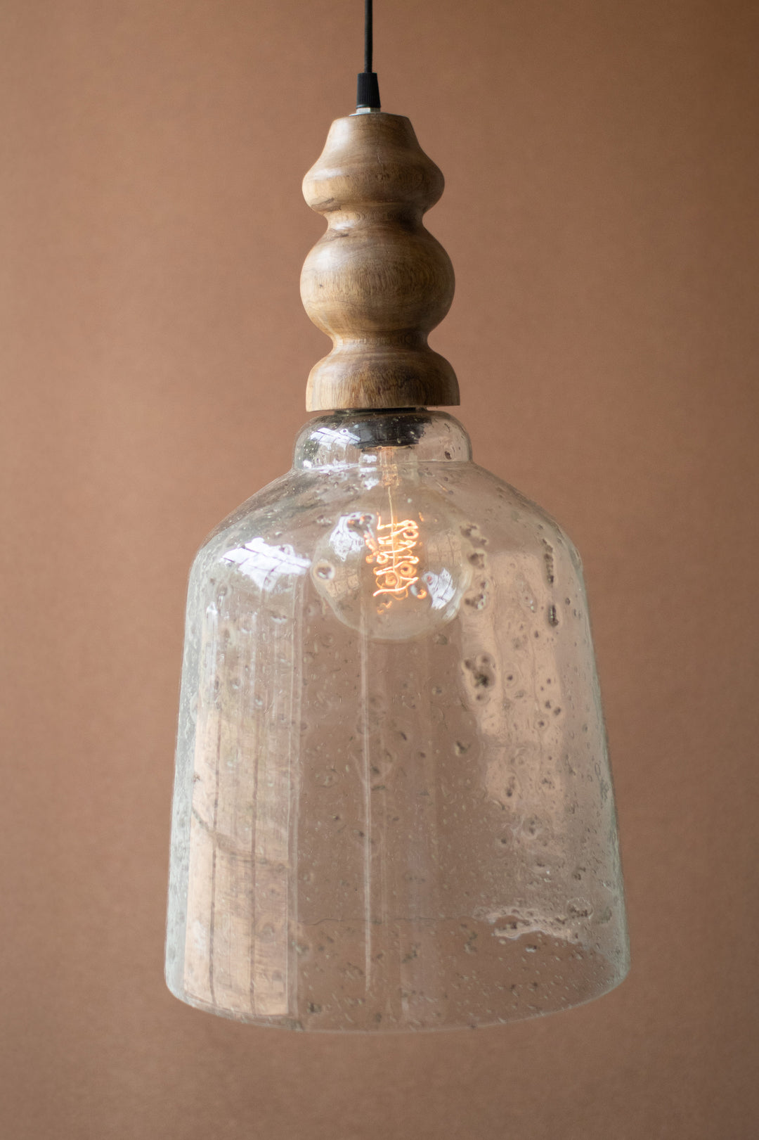 Clear Pebbled Glass Pendant Light with Wooden Finial