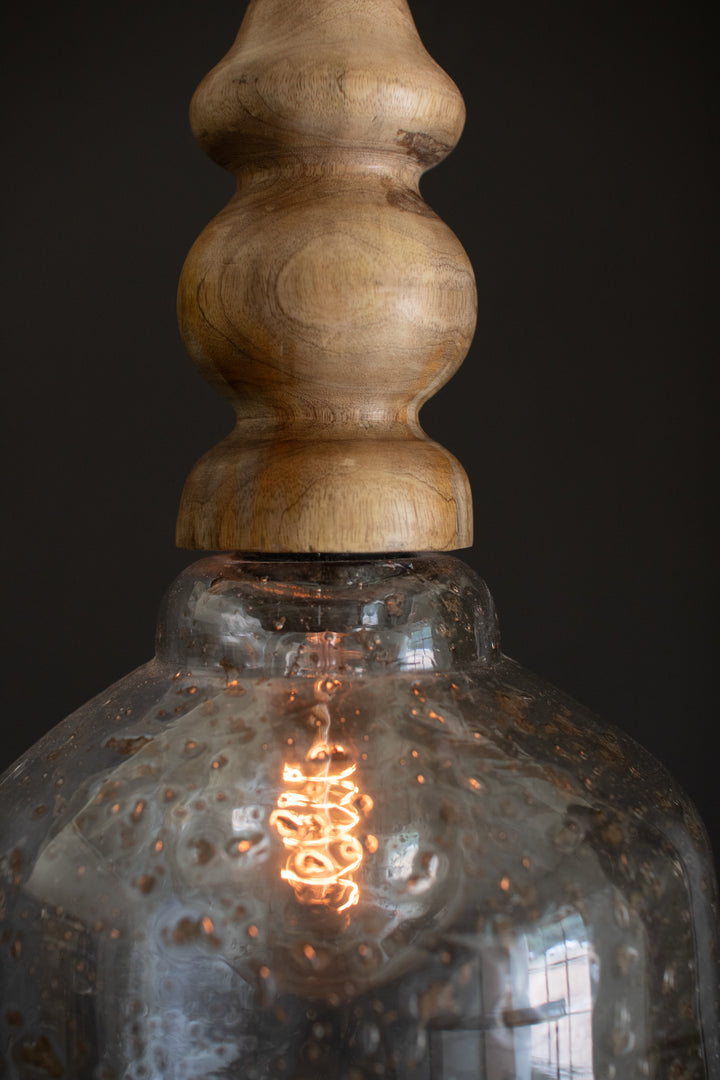 Clear Pebbled Glass Pendant Light with Wooden Finial