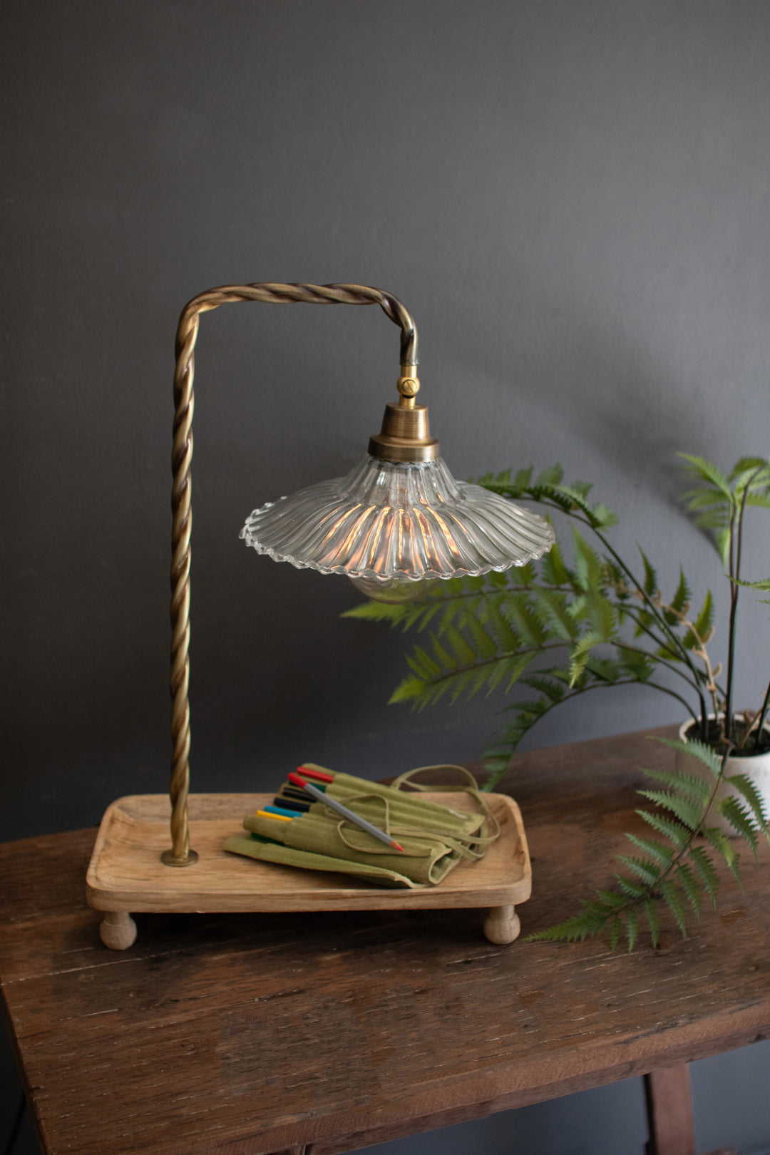 Gooseneck Table Lamp with Wooden Tray Base and Glass Shade