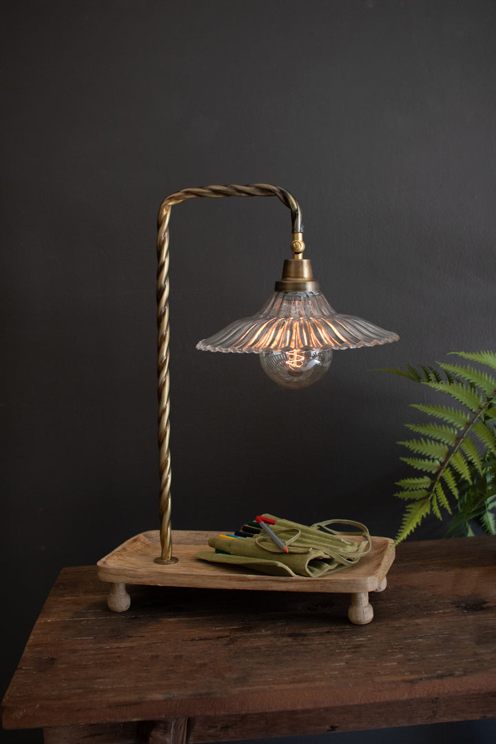 Gooseneck Table Lamp with Wooden Tray Base and Glass Shade
