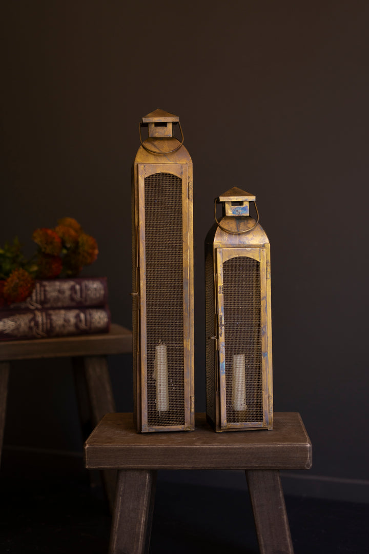 Set of 2 Antique Brass Taper Candle Lanterns with Wire Screen
