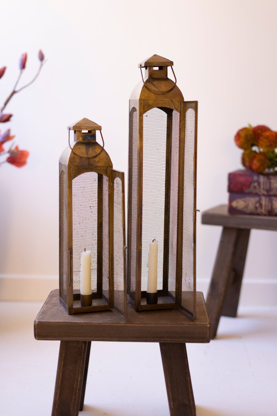 Set of 2 Antique Brass Taper Candle Lanterns with Wire Screen