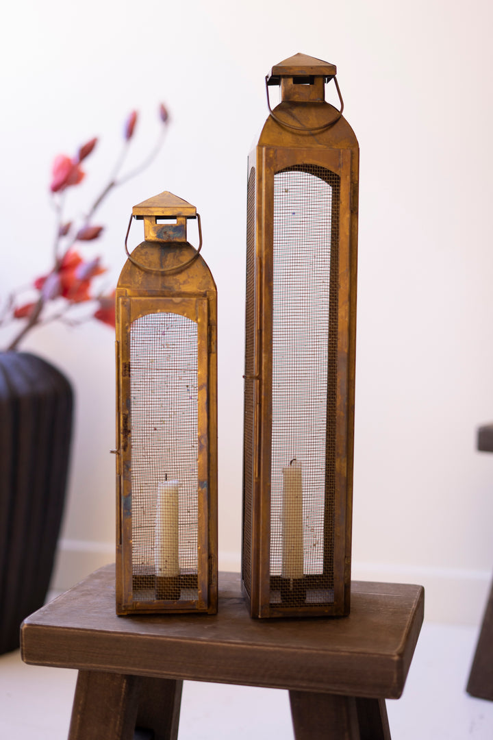 Set of 2 Antique Brass Taper Candle Lanterns with Wire Screen