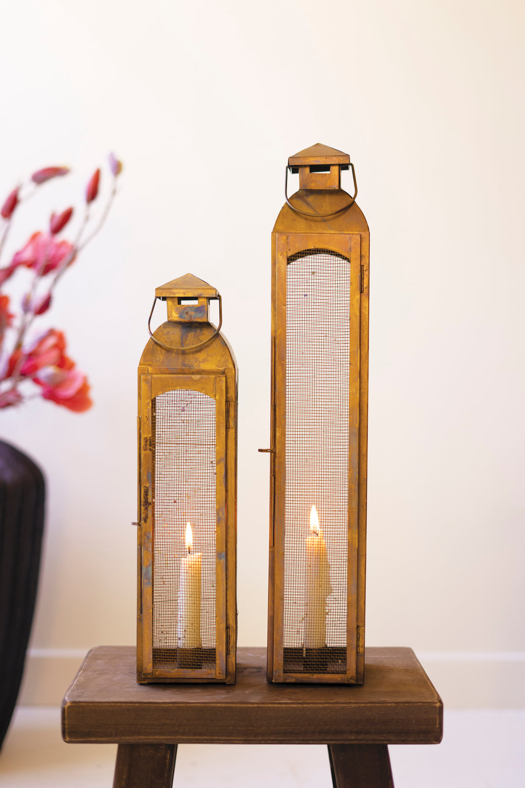 Set of 2 Antique Brass Taper Candle Lanterns with Wire Screen