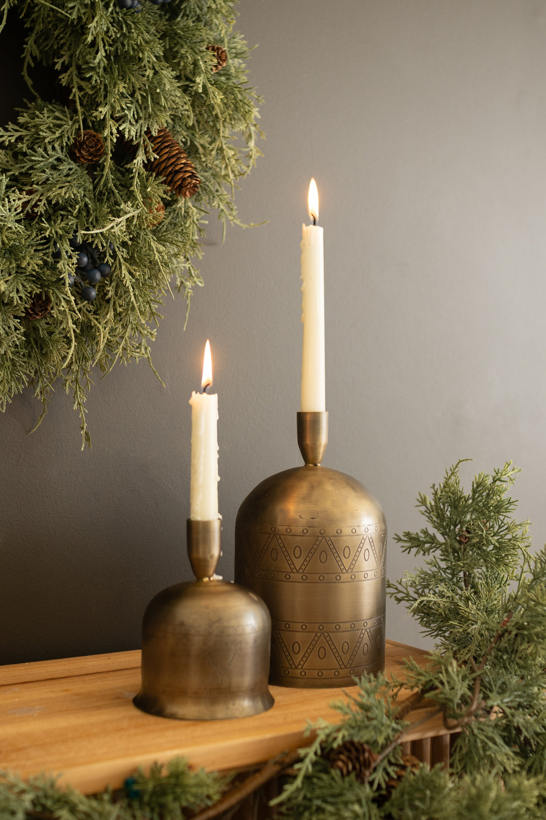 Set of 2 Antique Brass Bell Taper Candle Holders