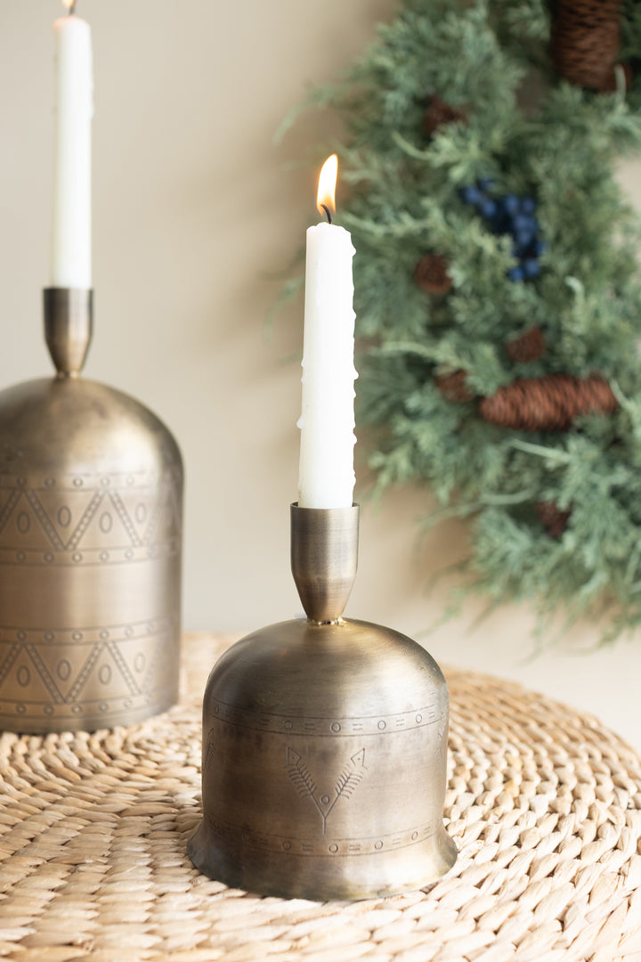 Set of 2 Antique Brass Bell Taper Candle Holders