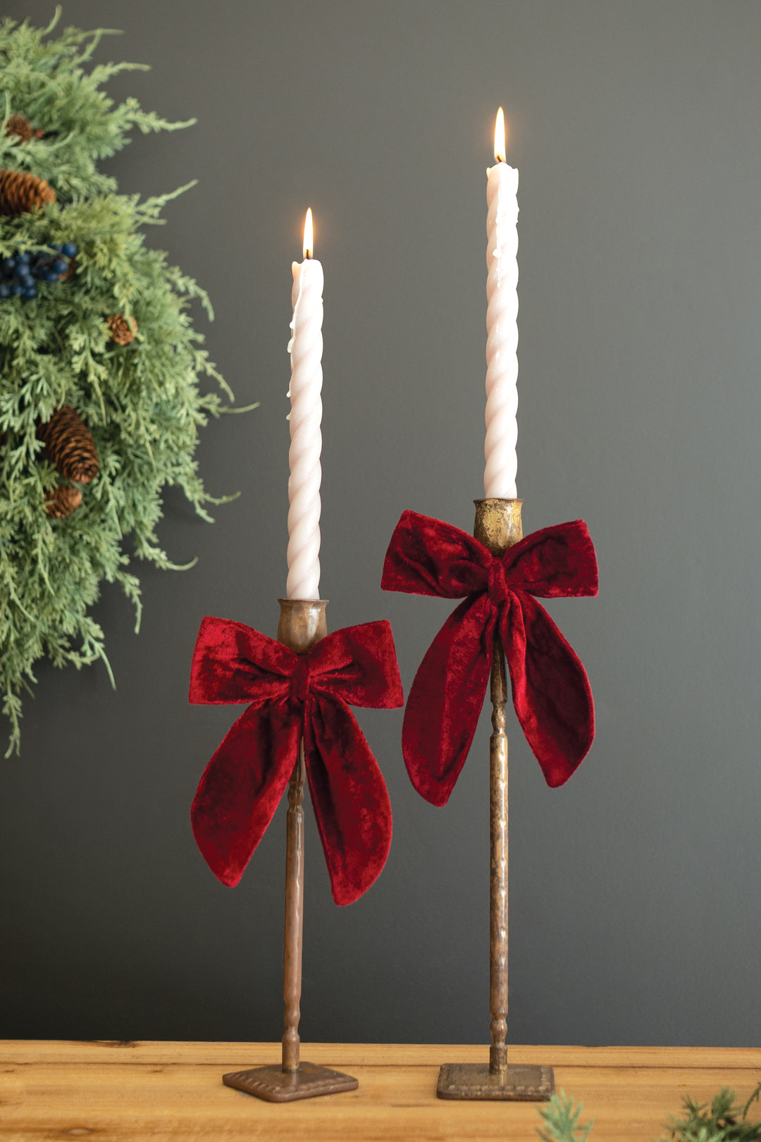 Set of 2 Antique Brass Taper Candle Holders with Velvet Bows