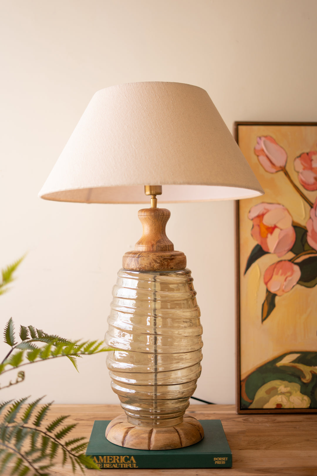 Glass and Wood Table Lamp Base with Fabric Shade