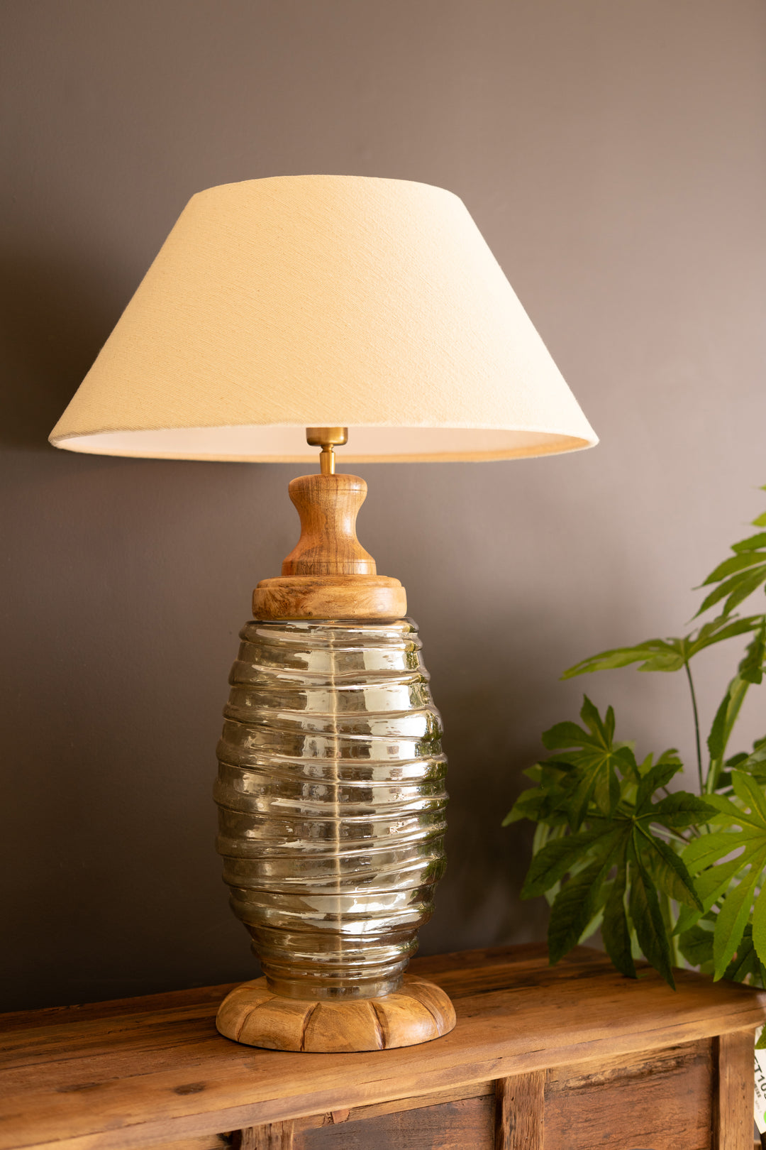 Glass and Wood Table Lamp Base with Fabric Shade