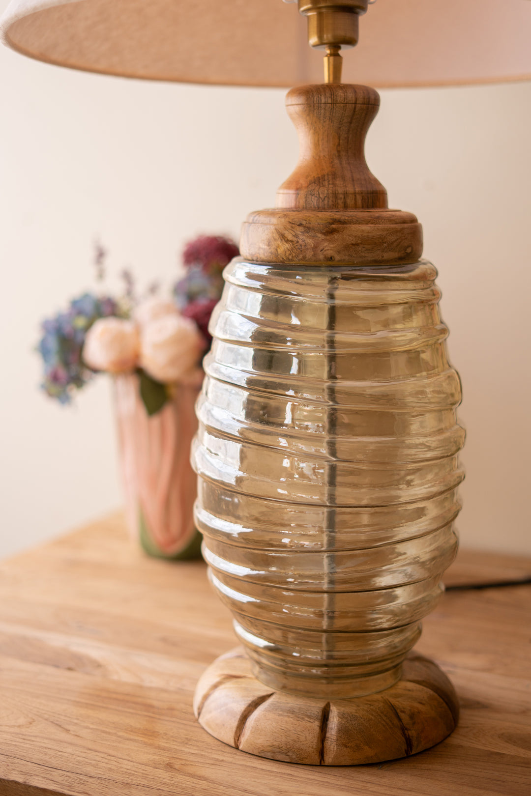 Glass and Wood Table Lamp Base with Fabric Shade