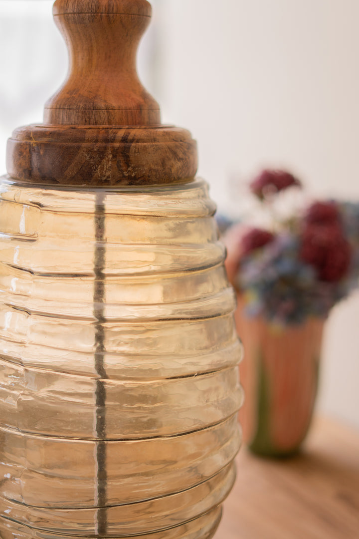 Glass and Wood Table Lamp Base with Fabric Shade