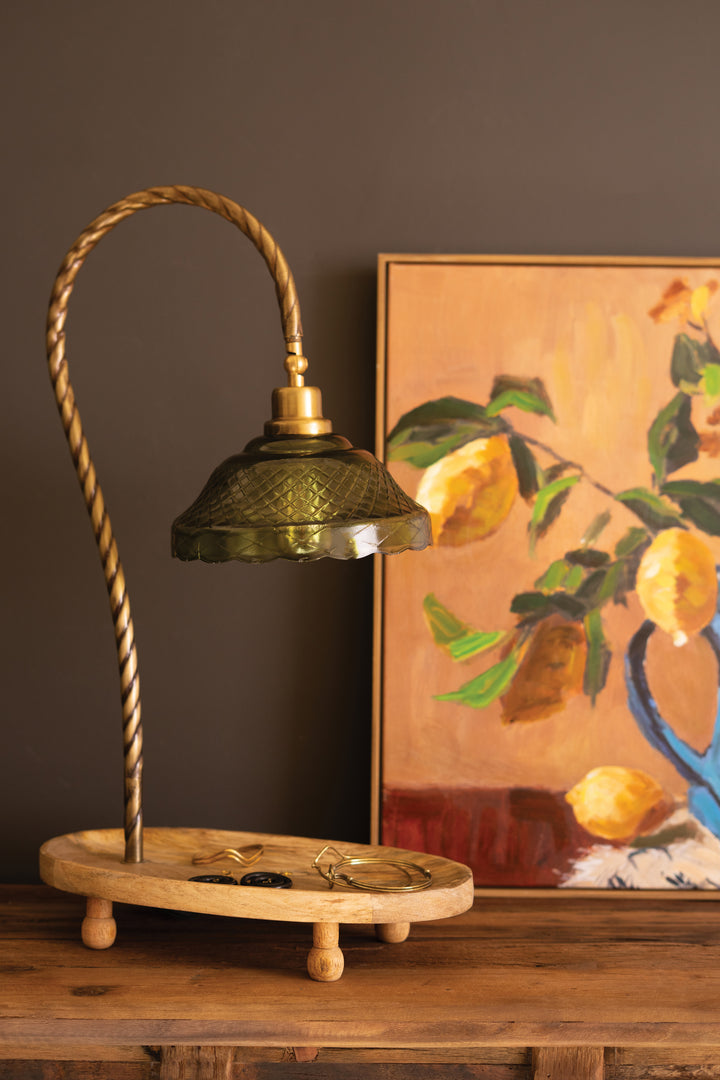 Gooseneck Table Lamp with Wooden Tray Base and Green Glass Shade