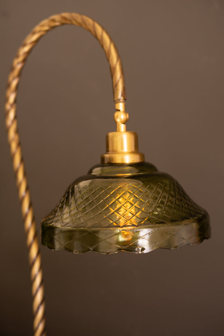 Gooseneck Table Lamp with Wooden Tray Base and Green Glass Shade