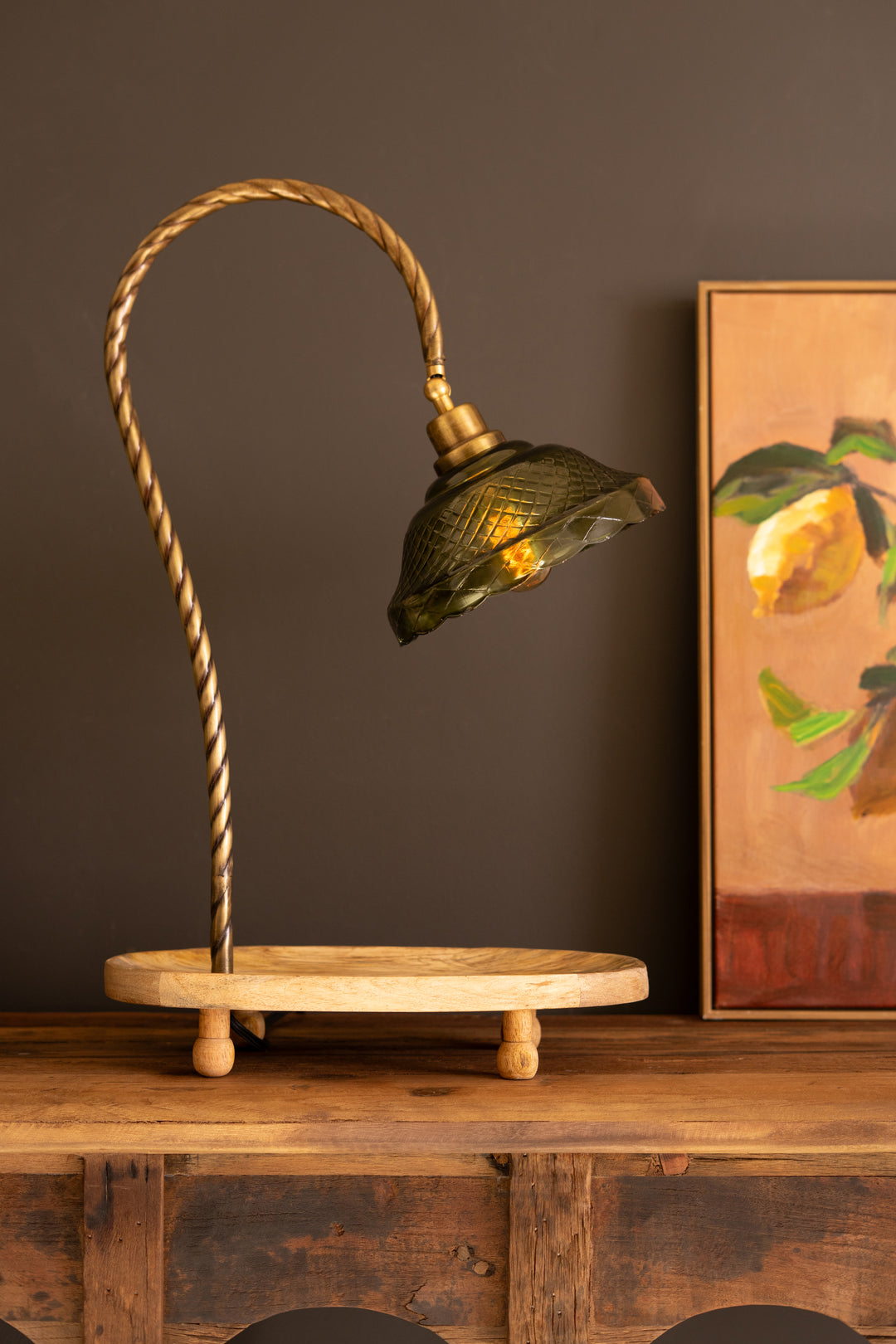 Gooseneck Table Lamp with Wooden Tray Base and Green Glass Shade