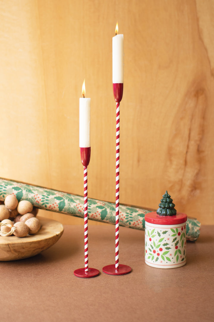 Set of 2 Red and White Candy Cane Taper Candle Holders