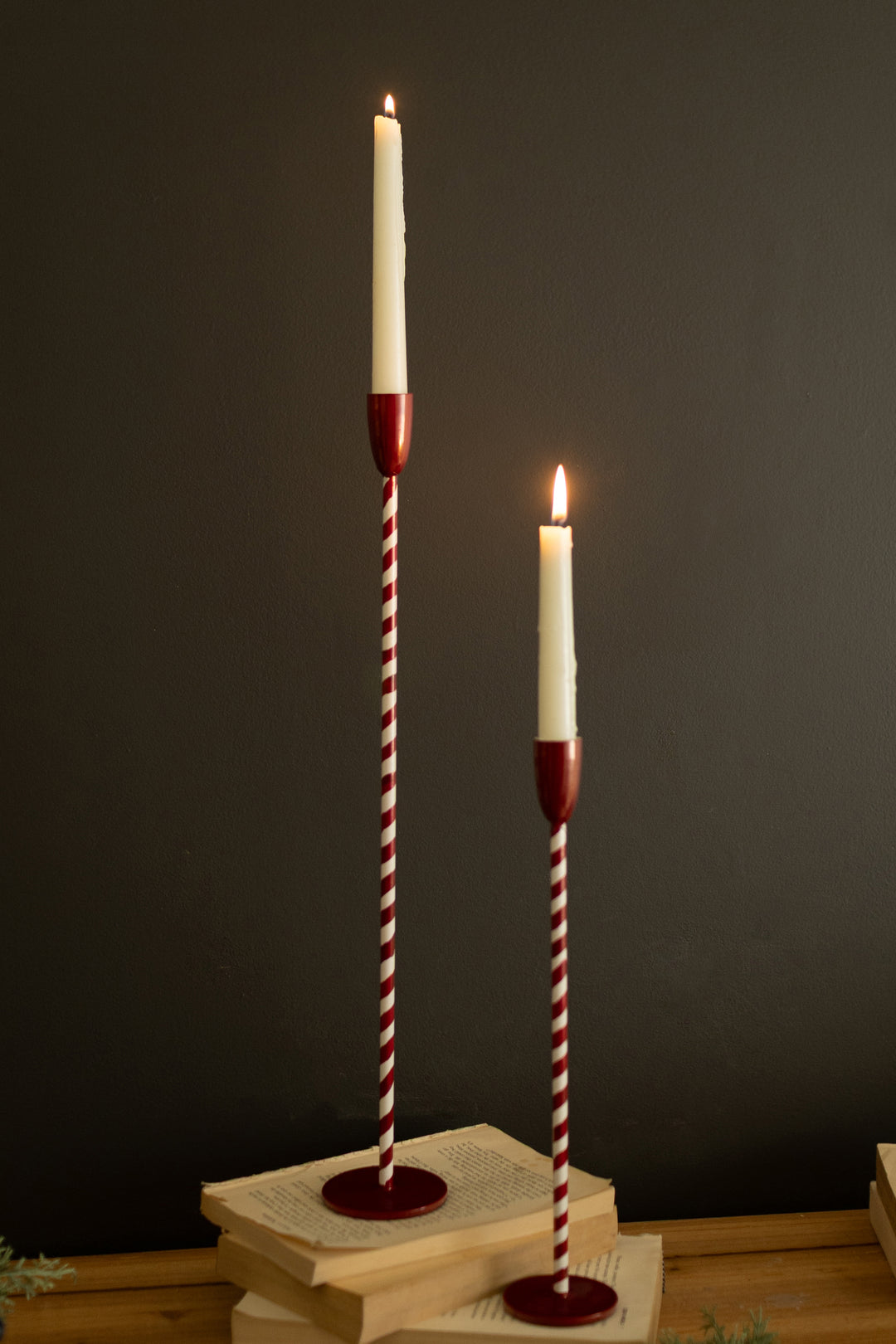 Set of 2 Red and White Candy Cane Taper Candle Holders