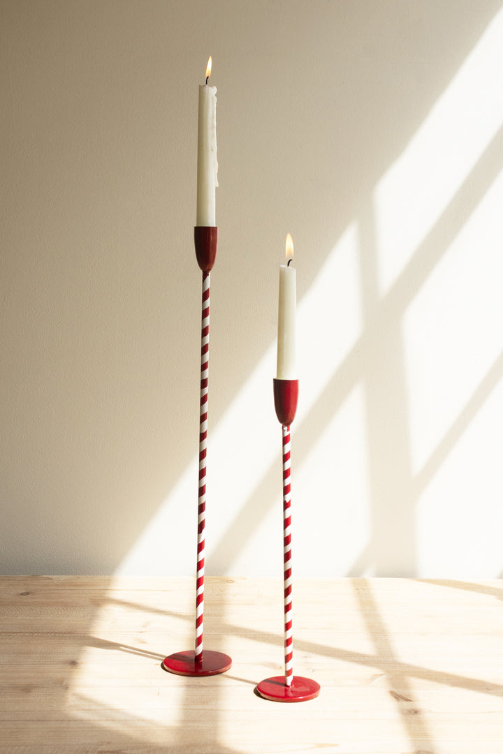 Set of 2 Red and White Candy Cane Taper Candle Holders