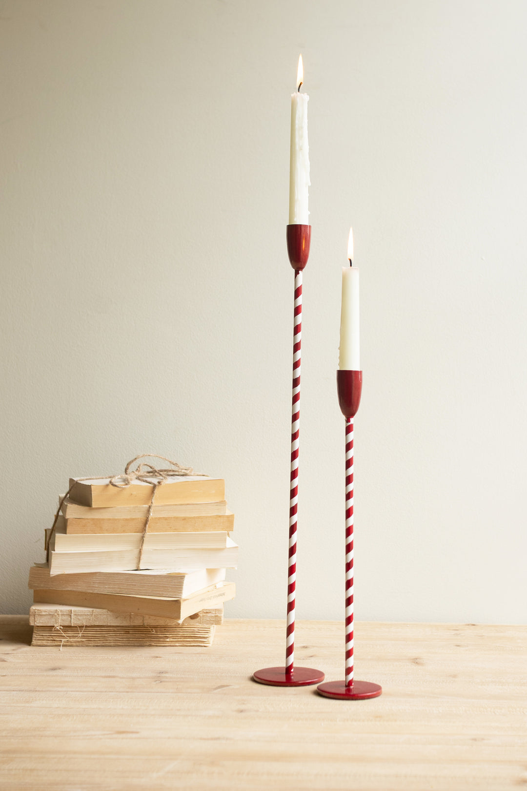 Set of 2 Red and White Candy Cane Taper Candle Holders