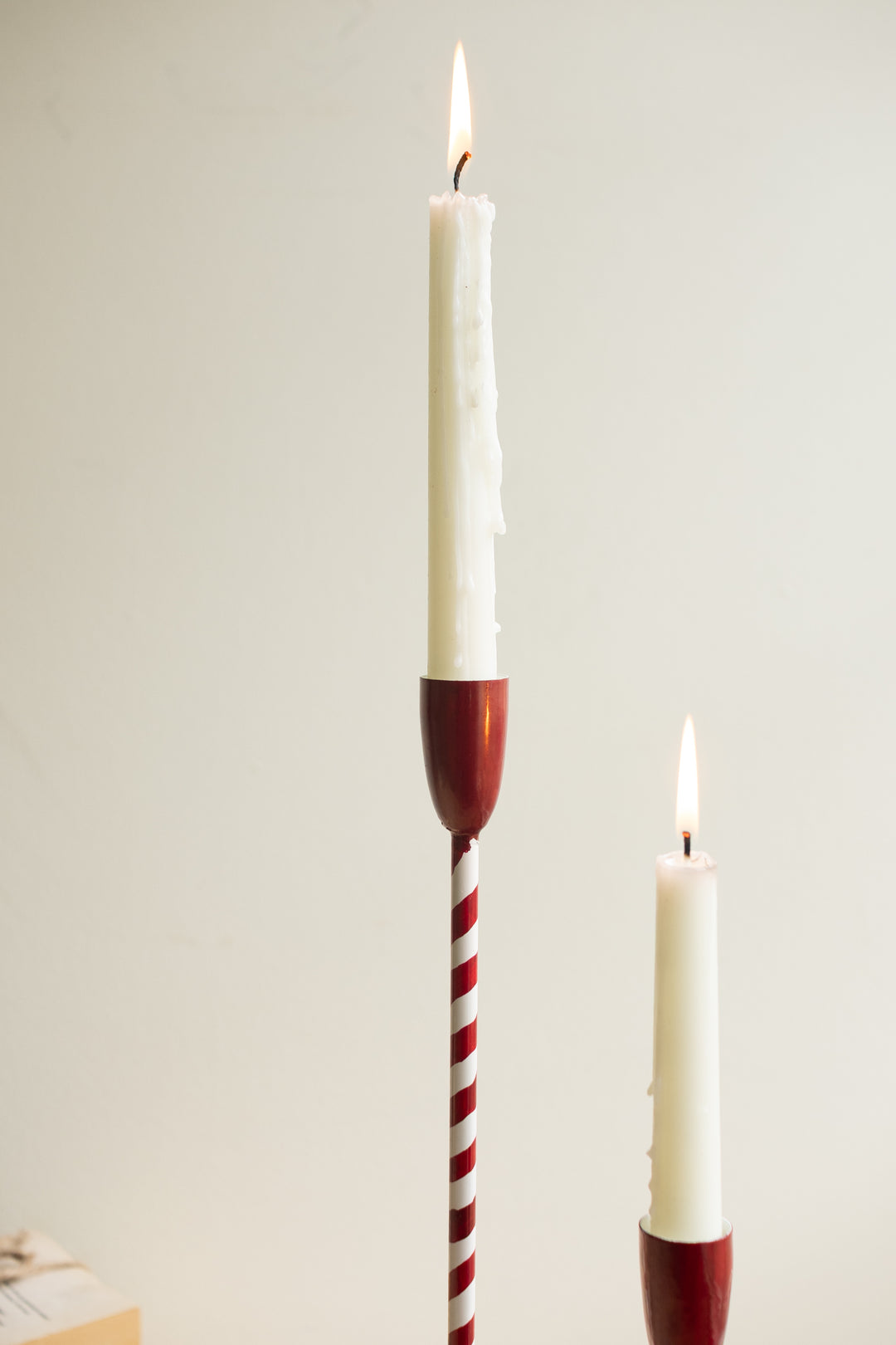 Set of 2 Red and White Candy Cane Taper Candle Holders