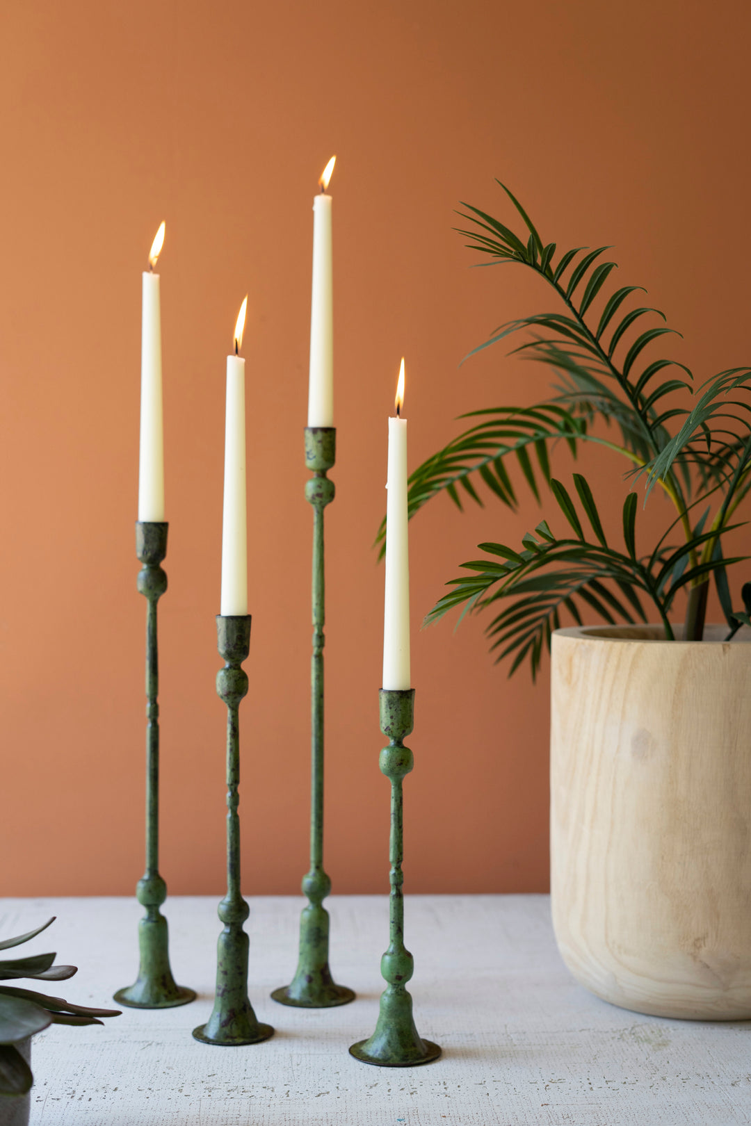 Set of 4 Forged Iron Green Patina Taper Candle Holders