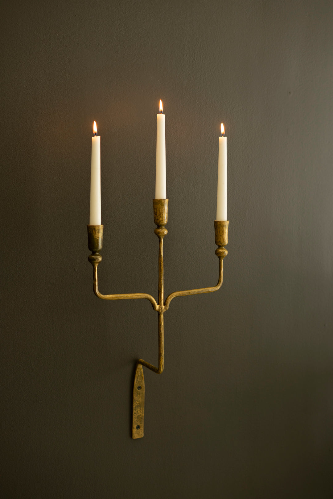 Forged Iron Antique Brass Triple Taper Wall Sconce (Set of Two)
