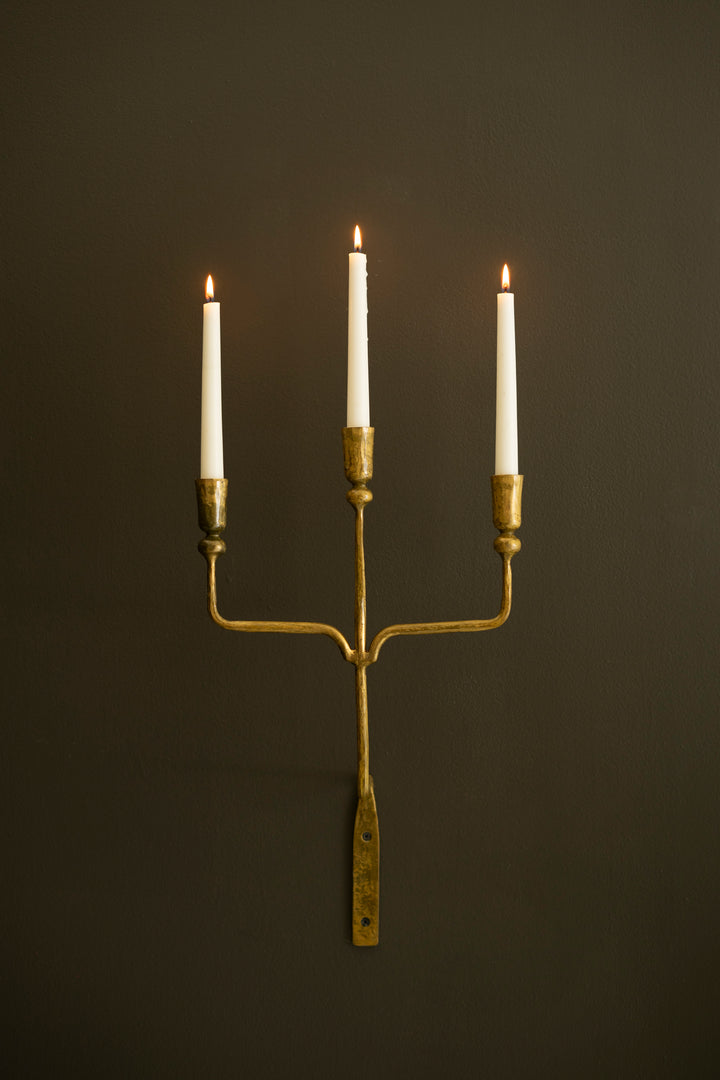 Forged Iron Antique Brass Triple Taper Wall Sconce (Set of Two)