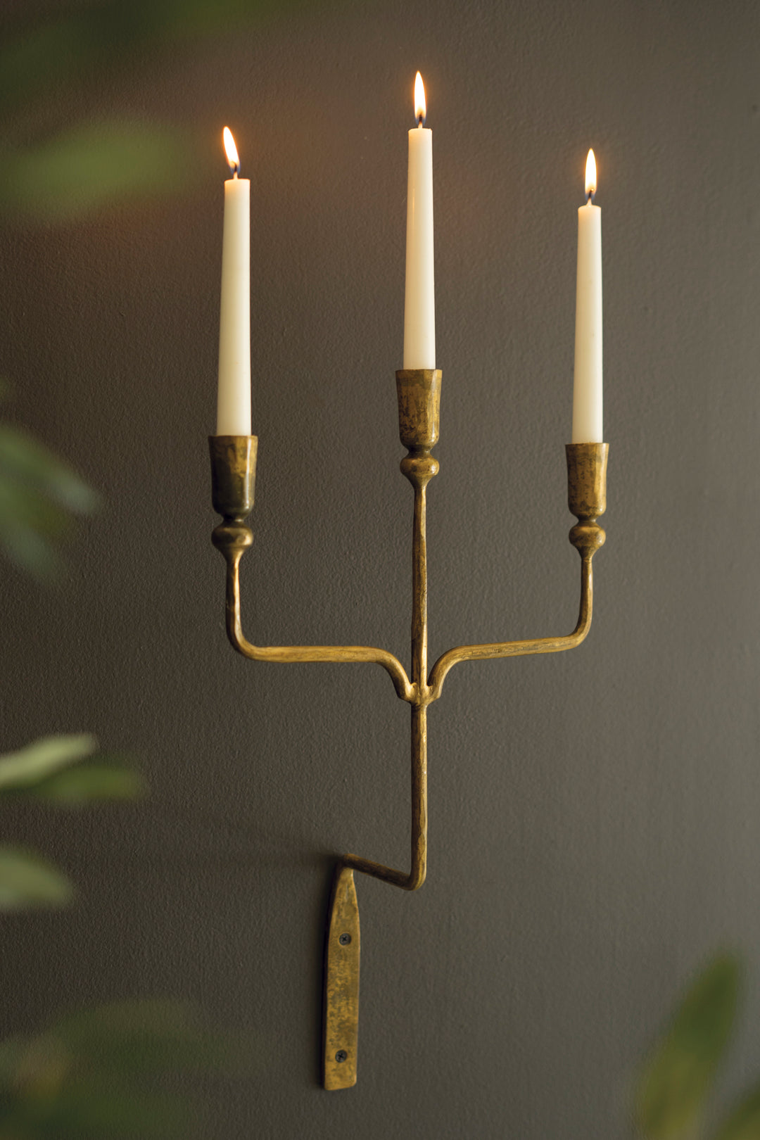 Forged Iron Antique Brass Triple Taper Wall Sconce (Set of Two)