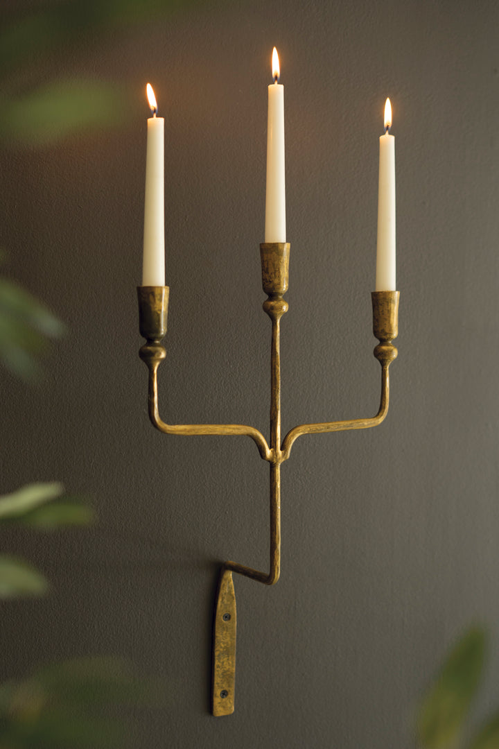 Forged Iron Antique Brass Triple Taper Wall Sconce (Set of Two)