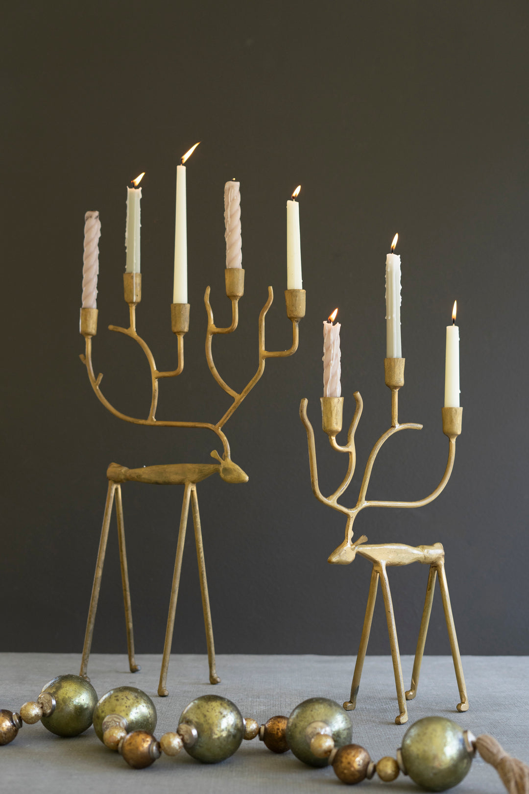 Set of 2 Antique Gold Forged Iron Christmas Deer Candelabras