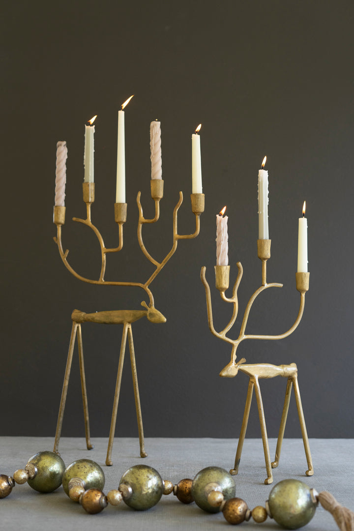 Set of 2 Antique Gold Forged Iron Christmas Deer Candelabras