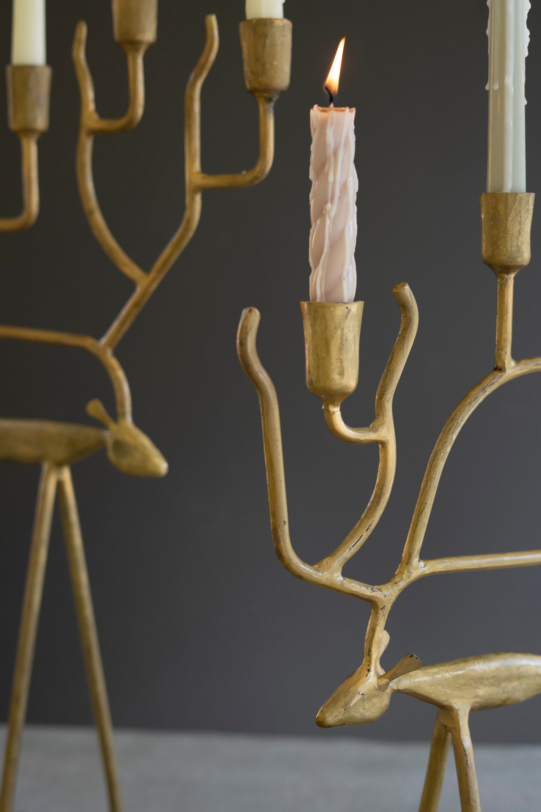 Set of 2 Antique Gold Forged Iron Christmas Deer Candelabras - Thumbnail 2