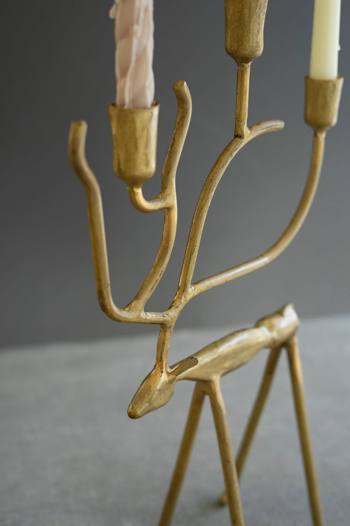 Set of 2 Antique Gold Forged Iron Christmas Deer Candelabras