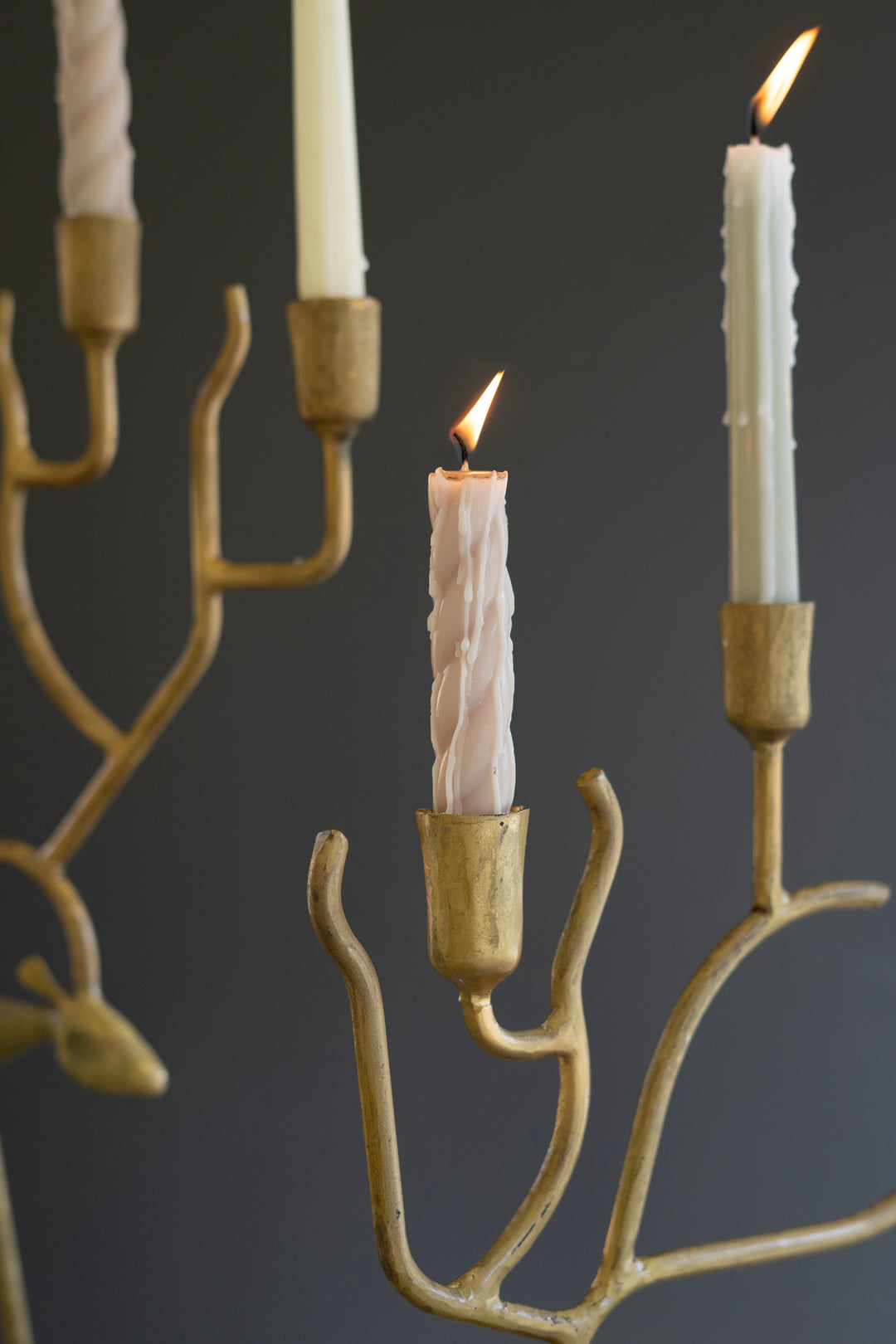 Set of 2 Antique Gold Forged Iron Christmas Deer Candelabras