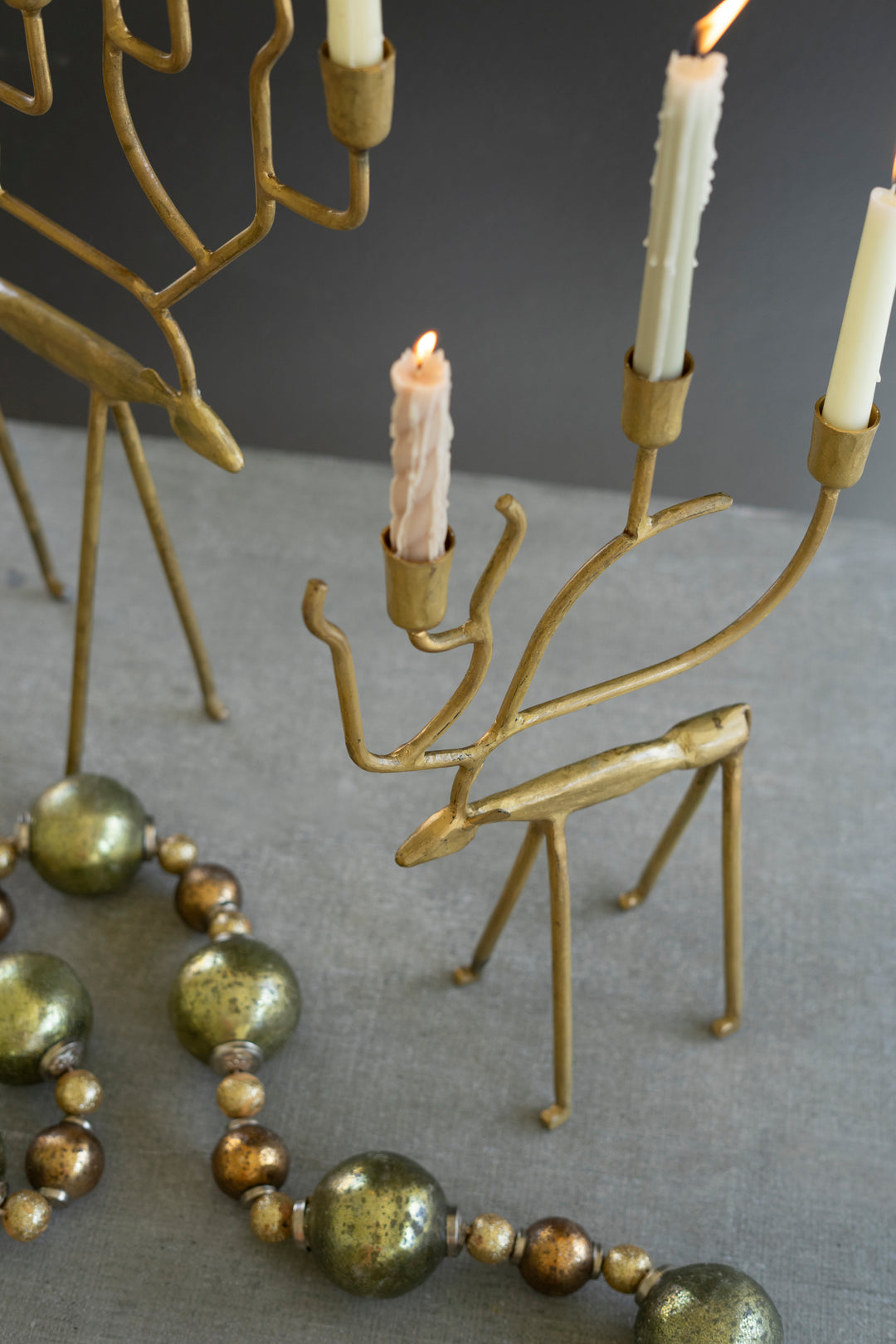 Set of 2 Antique Gold Forged Iron Christmas Deer Candelabras