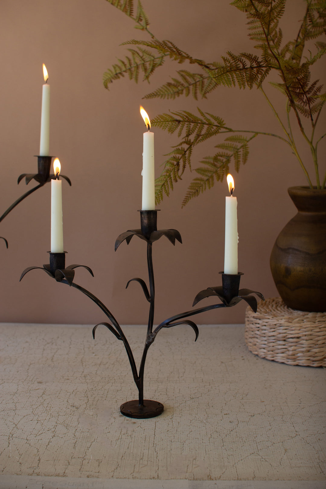 Set of 2 Forged-Iron Triple Taper Candelabras