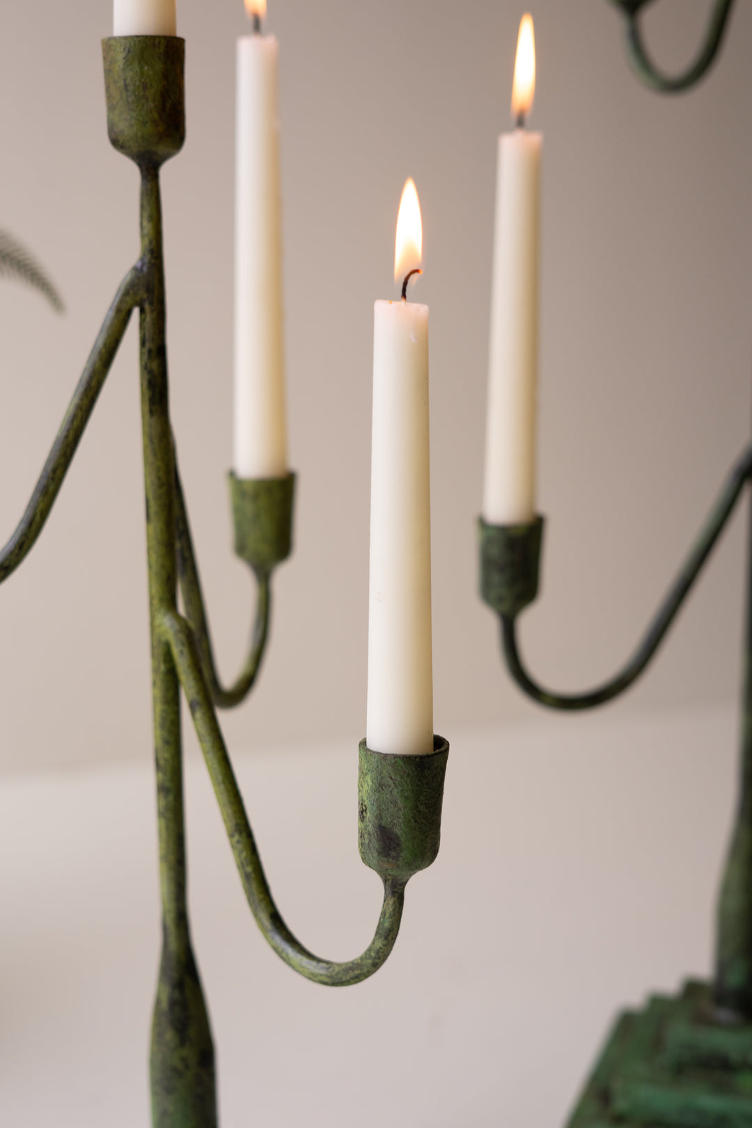 Set of 2 Forged-Iron Green Patina Taper Candelabras