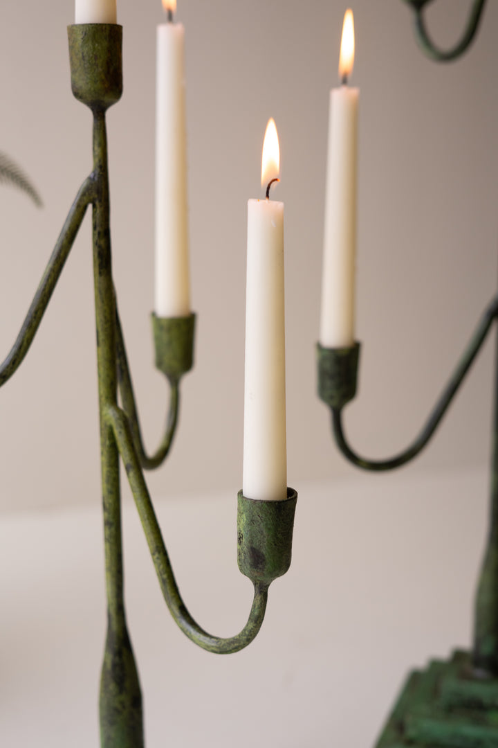 Set of 2 Forged-Iron Green Patina Taper Candelabras