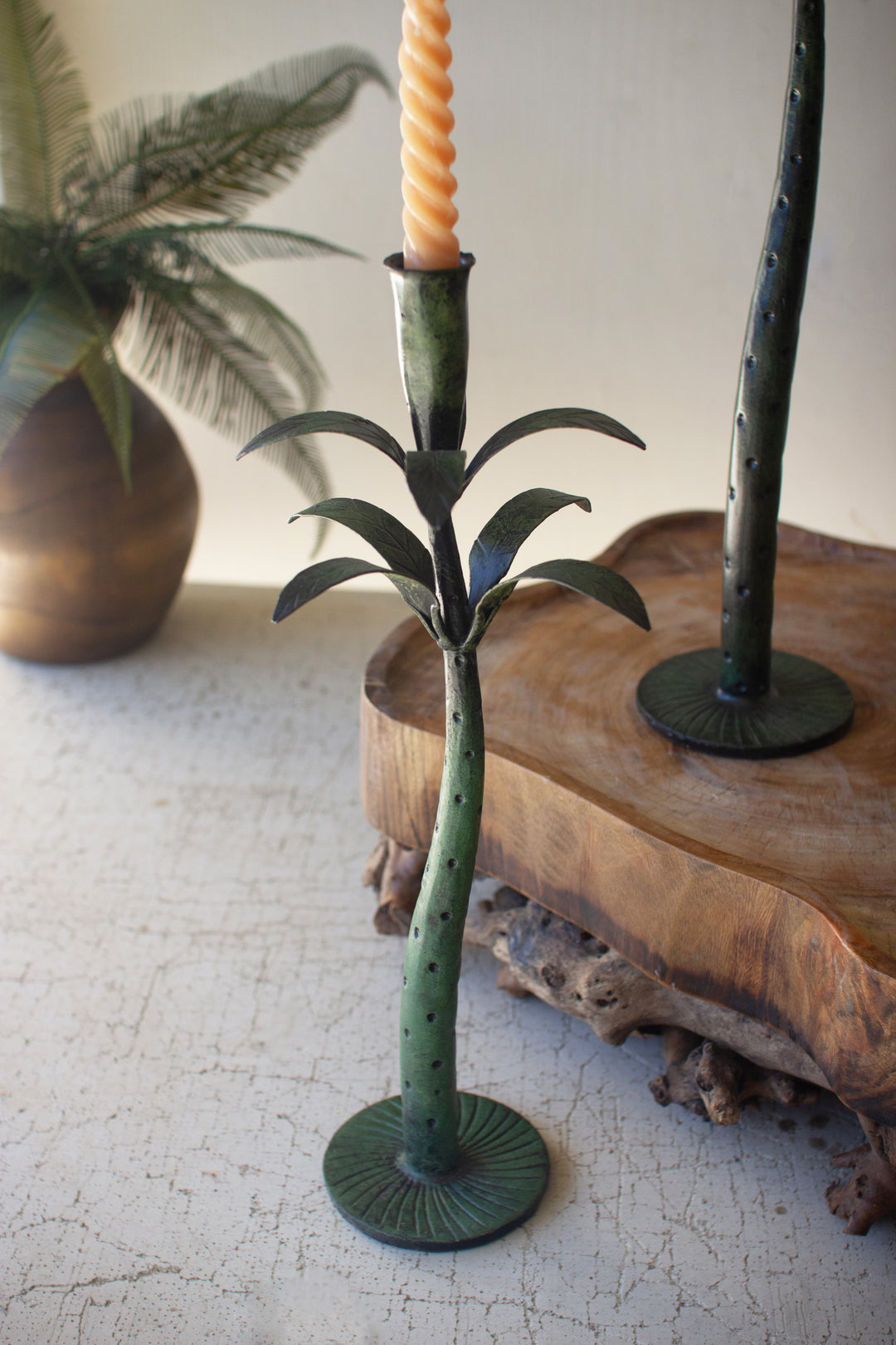 Set of 3 Patina Iron Palm Tree Taper Candle Holders