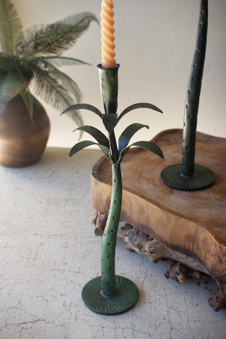 Set of 3 Patina Iron Palm Tree Taper Candle Holders
