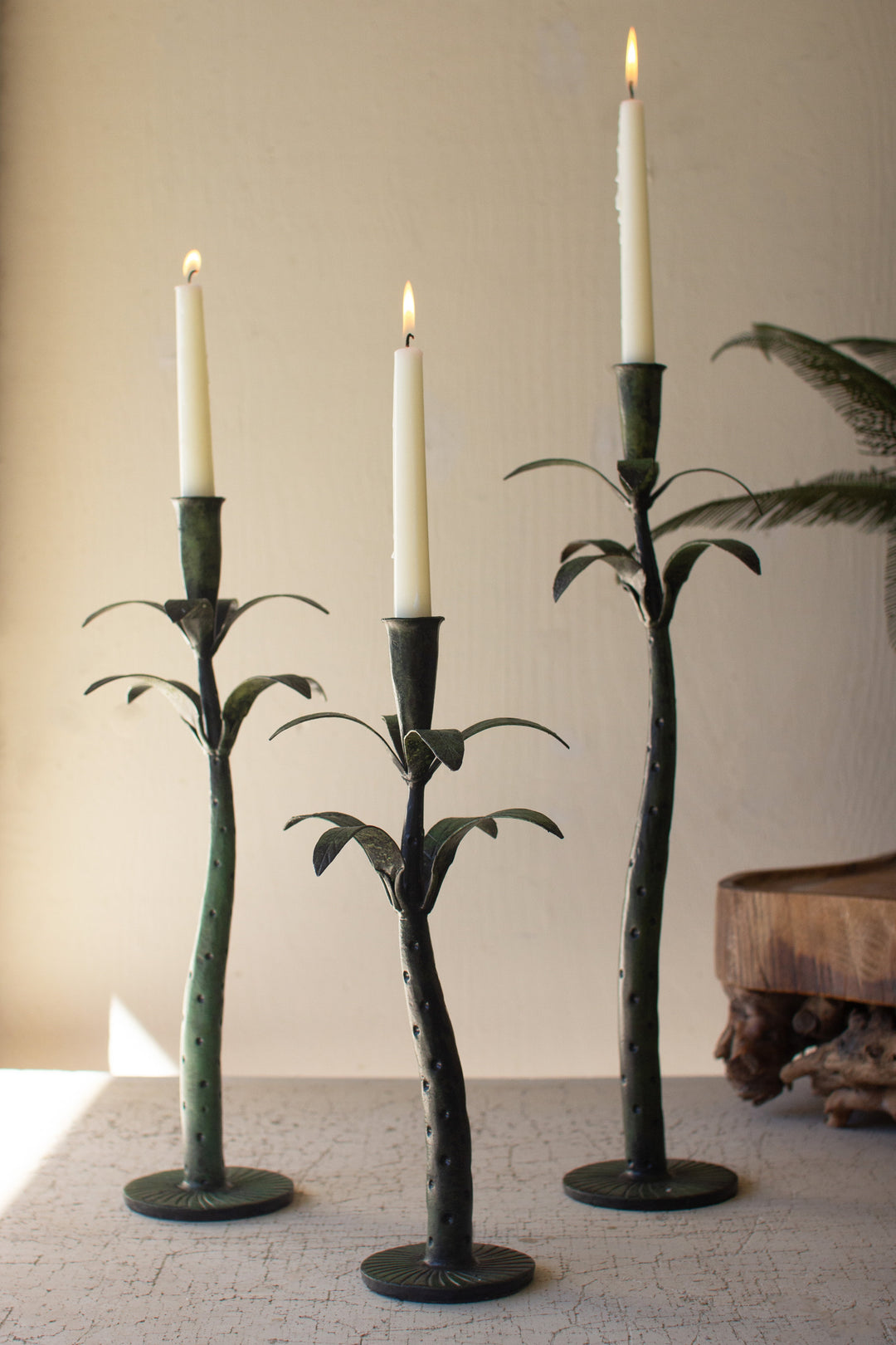 Set of 3 Patina Iron Palm Tree Taper Candle Holders