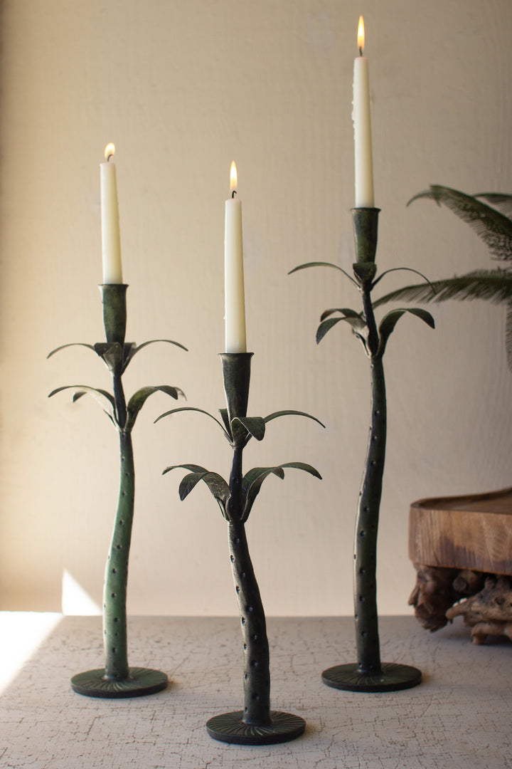 Set of 3 Patina Iron Palm Tree Taper Candle Holders