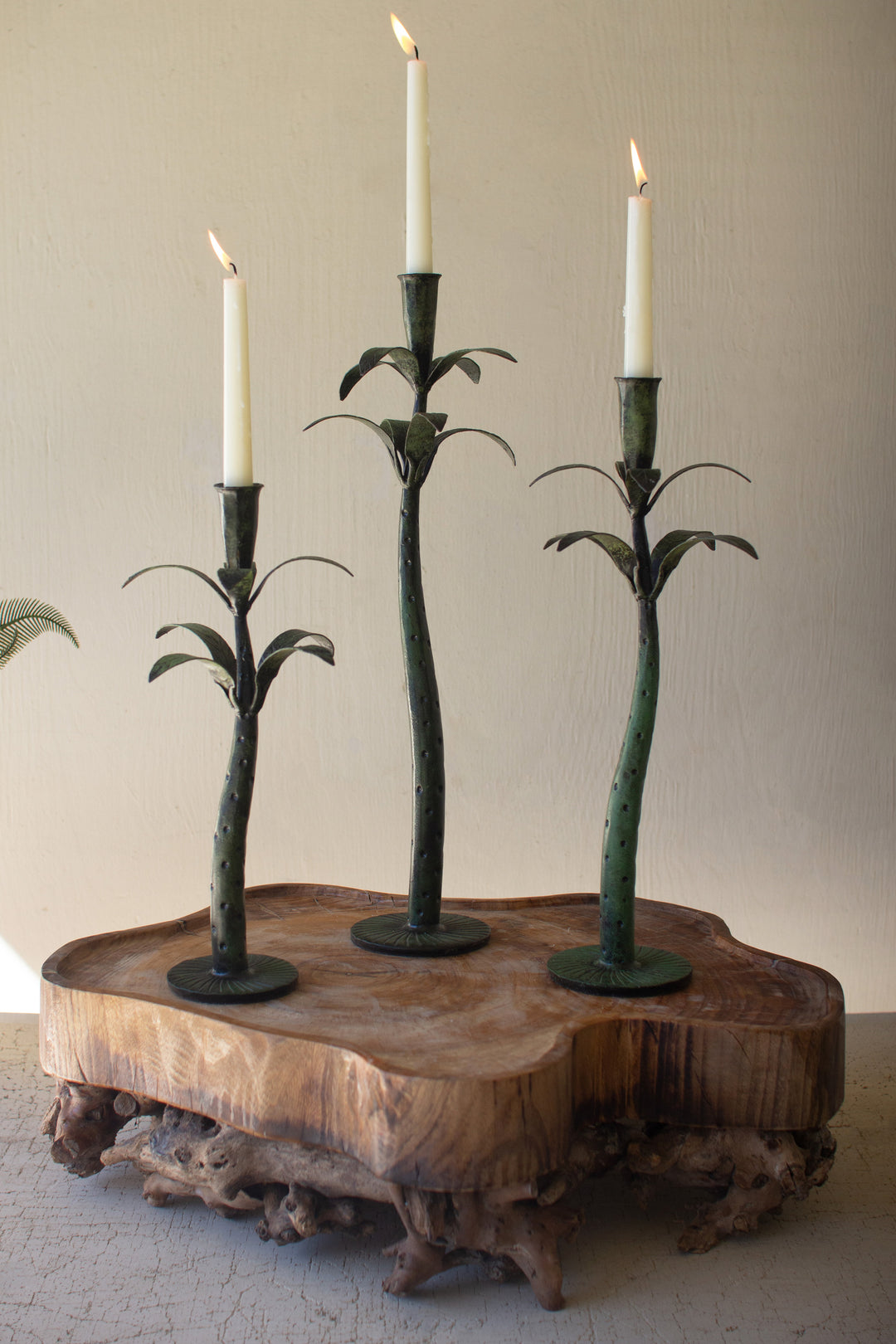 Set of 3 Patina Iron Palm Tree Taper Candle Holders